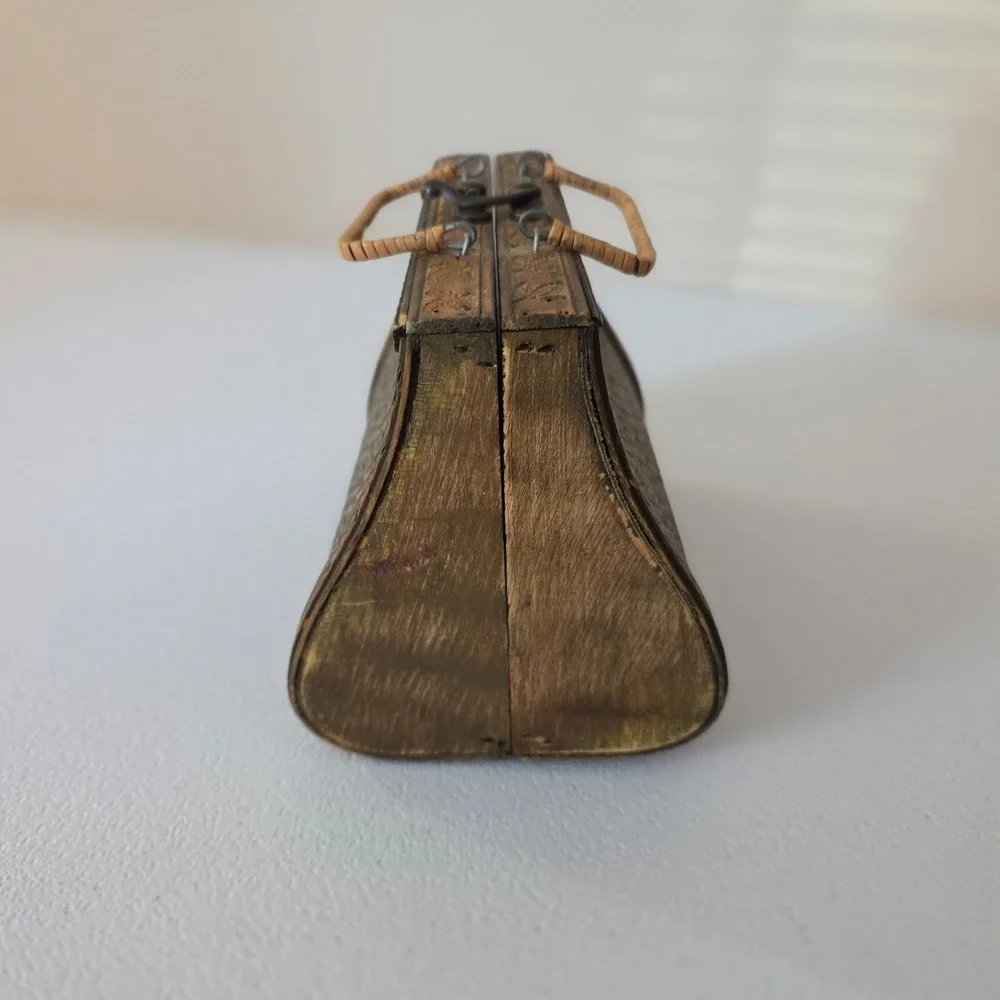Vintage 70s Woven Wood Trinket Box Handbag Small Brown Boho Style